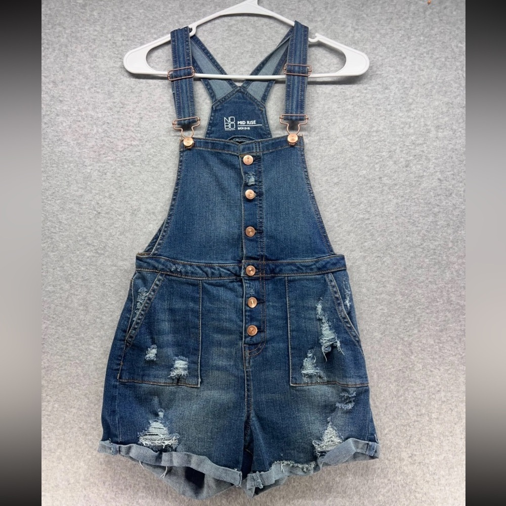 No Boundaries Denim Short Overalls - Distressed Blue